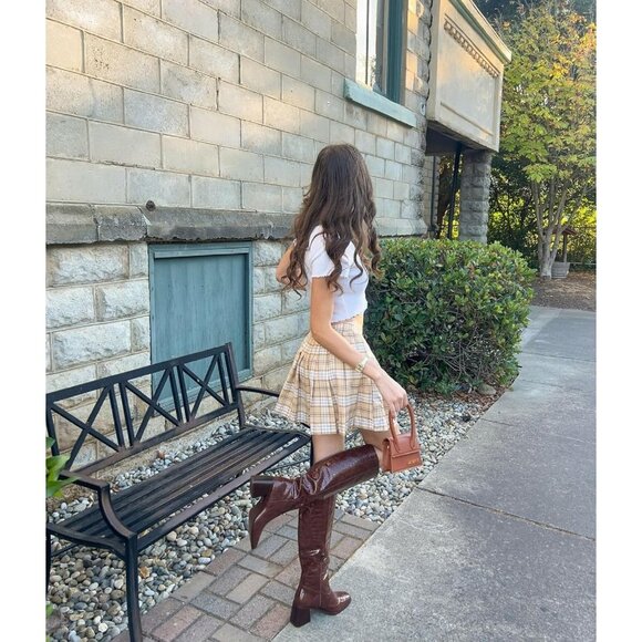 Women Brown Pu Polyurethane Knee High Square Toe Side Zipper Block Heel Boot - Picture 4 of 9